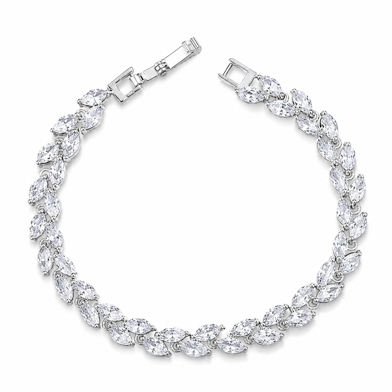 Silver bracelet with clear gemstones on a white background