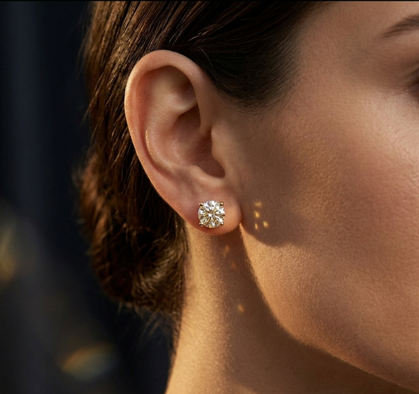 Close-up of an ear wearing a diamond earring with a blurred background