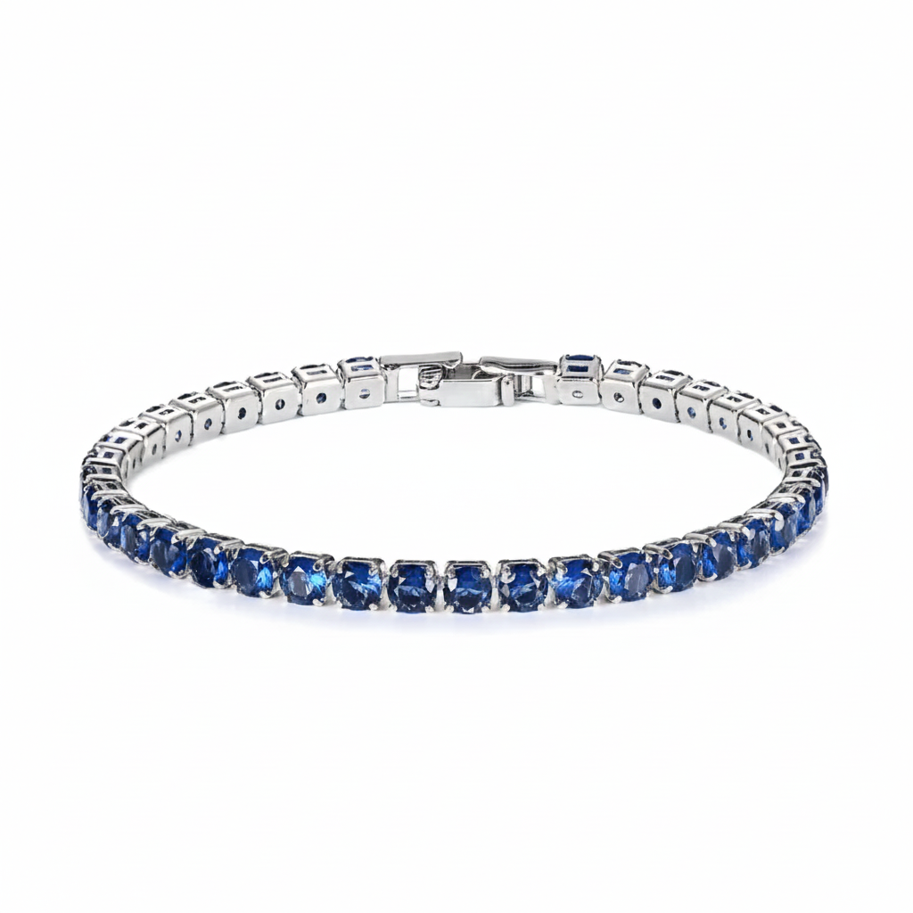 Silver bracelet with blue gemstones on a white background