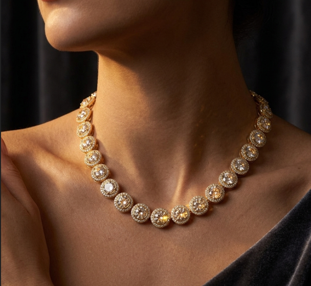 Close-up of a diamond necklace on a person against a dark background