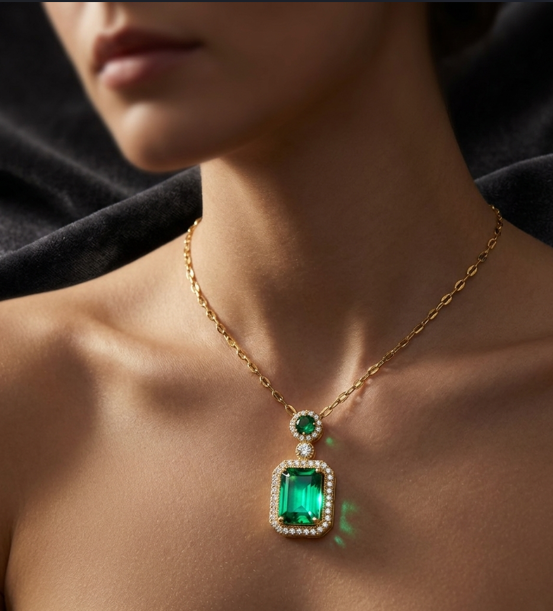 Gold necklace with a green gemstone pendant on a person wearing a black garment.