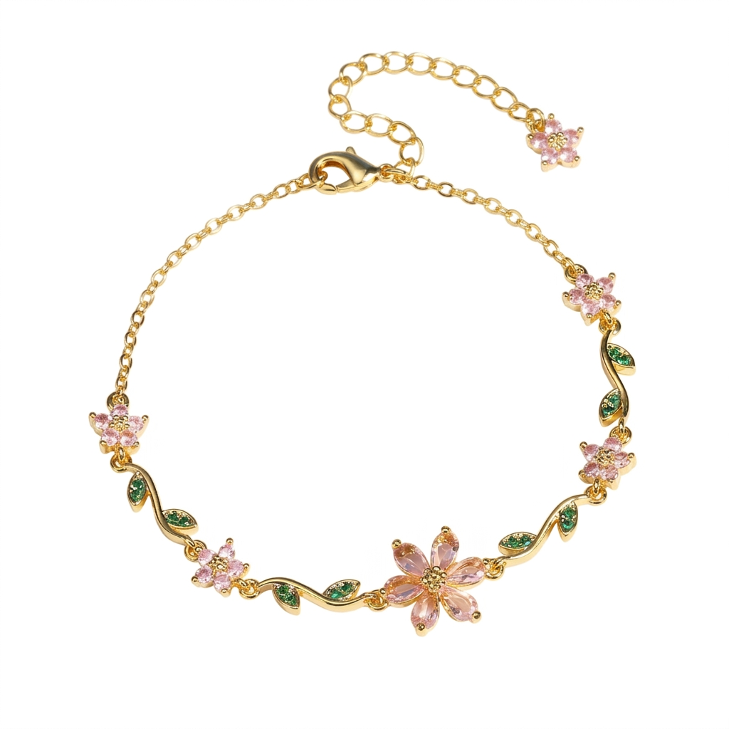 Gold bracelet with floral designs and gemstones on a white background