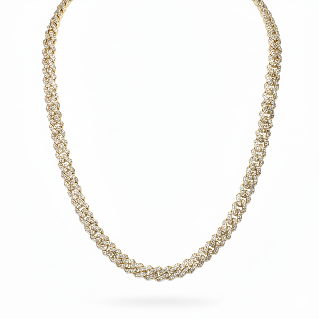 Gold necklace with a white background