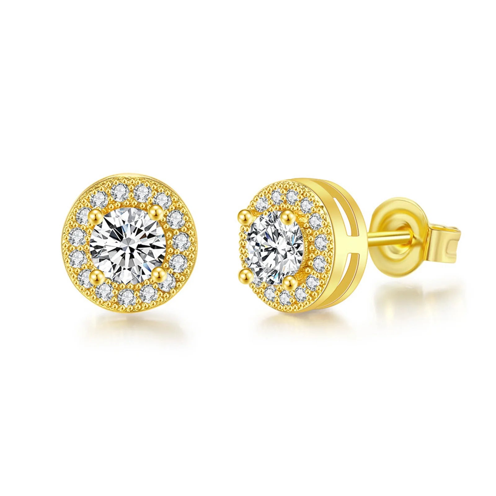 Gold earrings with clear gemstones on a white background
