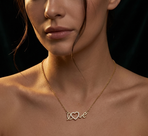 Close-up of a woman wearing a gold necklace with a 'love' pendant against a dark background