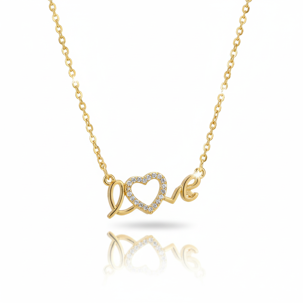 Gold necklace with 'love' pendant on a white background