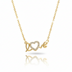 Gold necklace with 'love' pendant on a white background