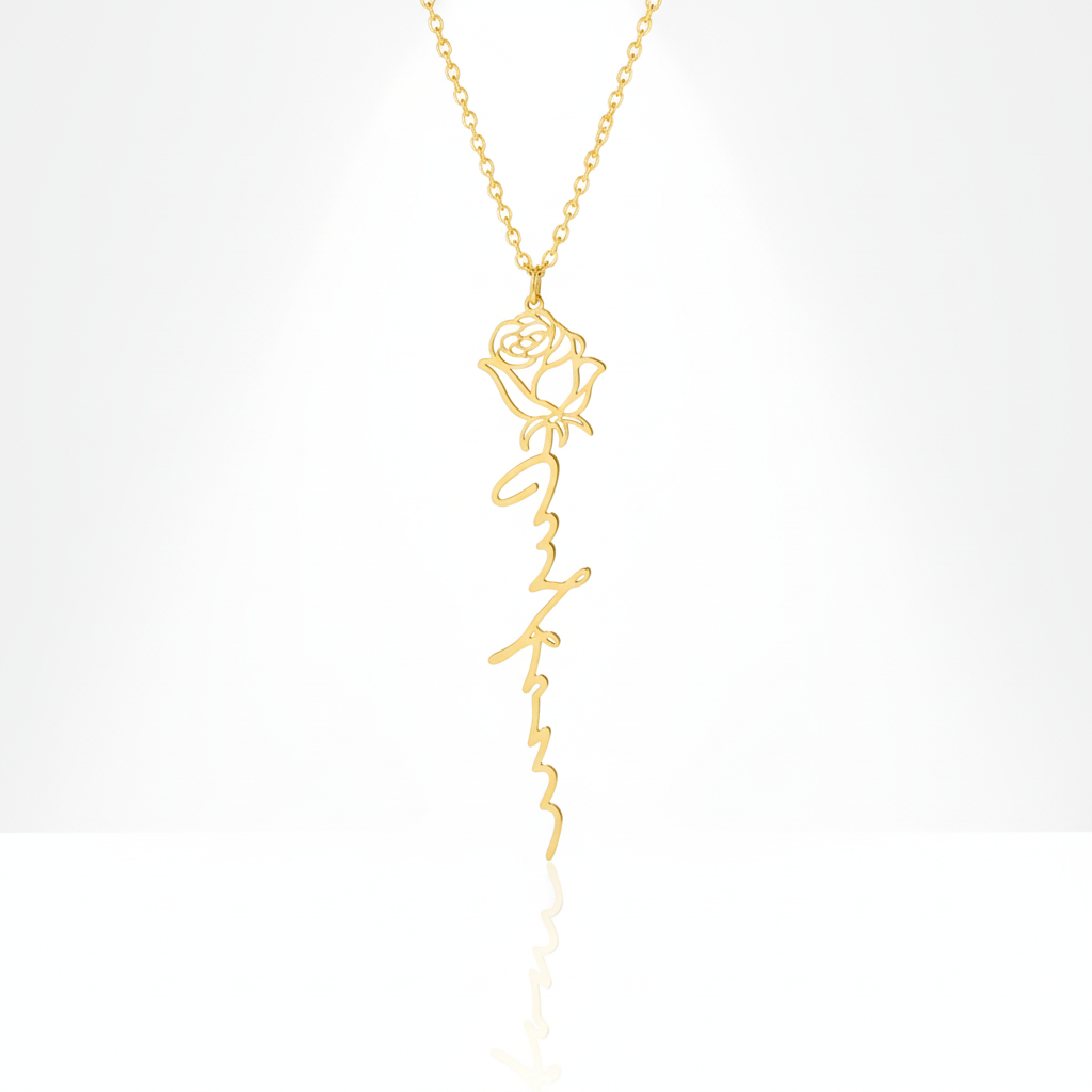 Gold necklace with a rose design on a white background