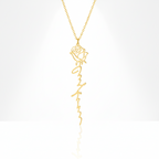 Gold necklace with a rose design on a white background