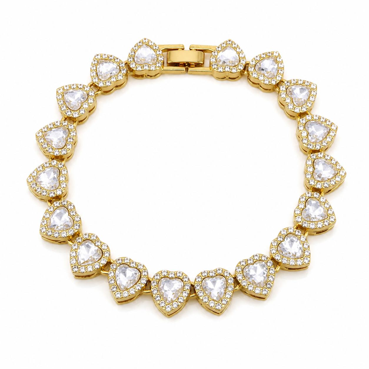 Gold bracelet with heart-shaped clear stones on a white background