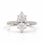 Diamond ring with pear-shaped center stone on a white background