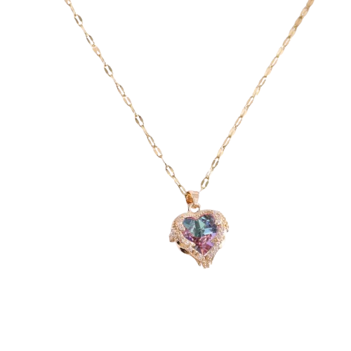 Heart-shaped gemstone necklace on a gold chain against a white background
