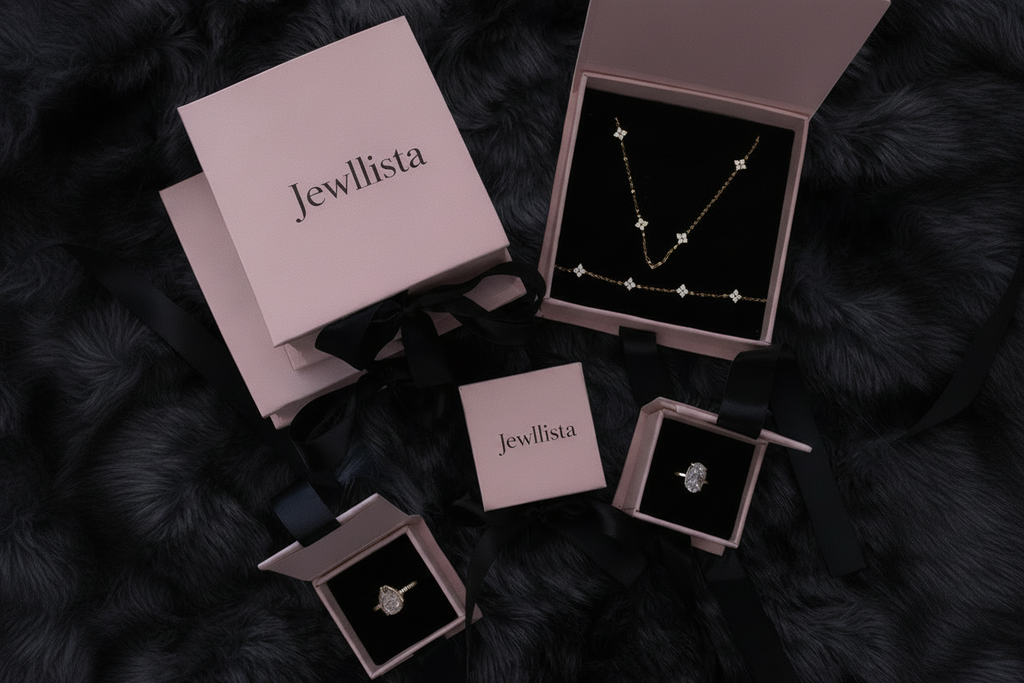 Jewelry set with 'Jewllista' boxes on a dark fur background