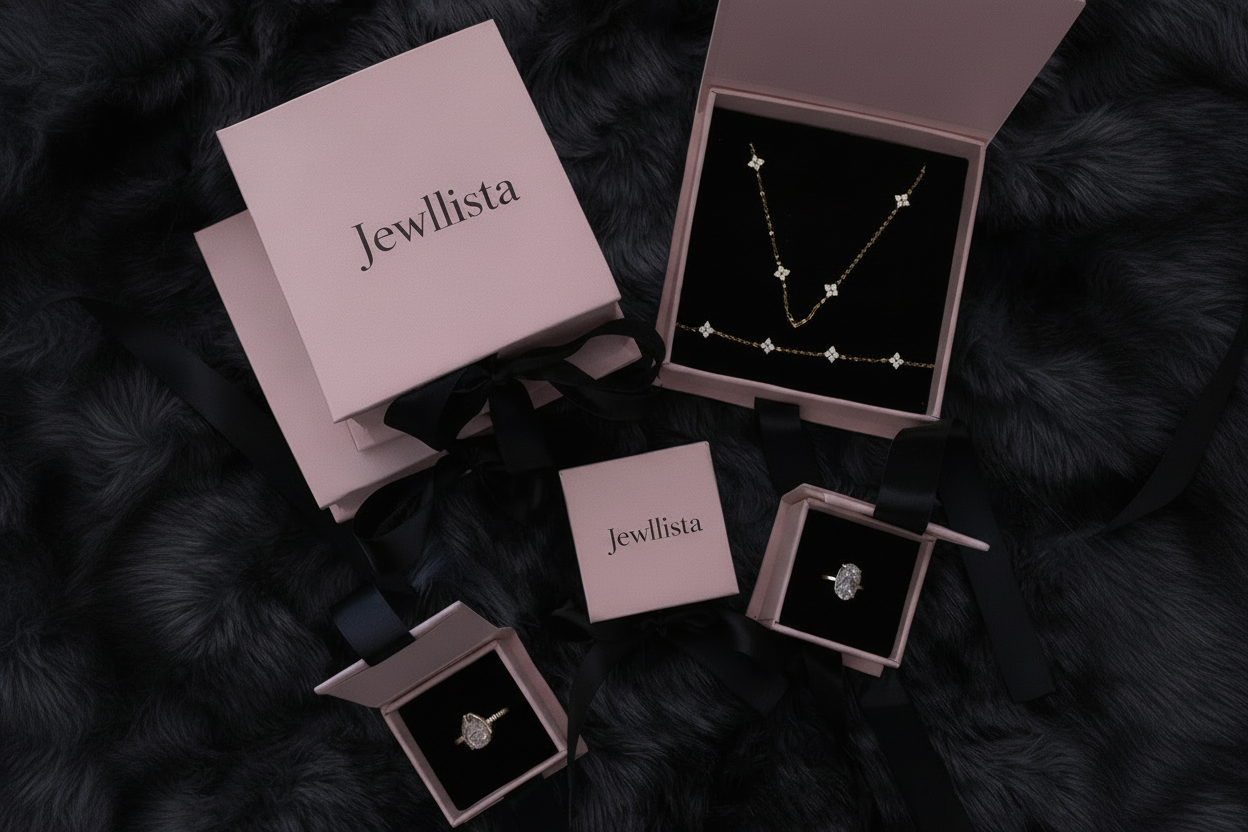 Jewelry set with 'Jewllista' boxes on a dark fur background