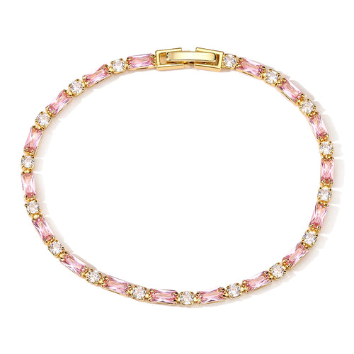 Bracelet with pink and gold beads on a white background