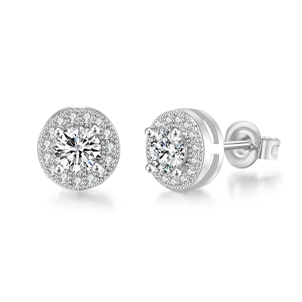 Pair of silver stud earrings with clear gemstones on a white background