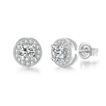 Pair of silver stud earrings with clear gemstones on a white background