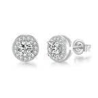 Pair of silver stud earrings with clear gemstones on a white background