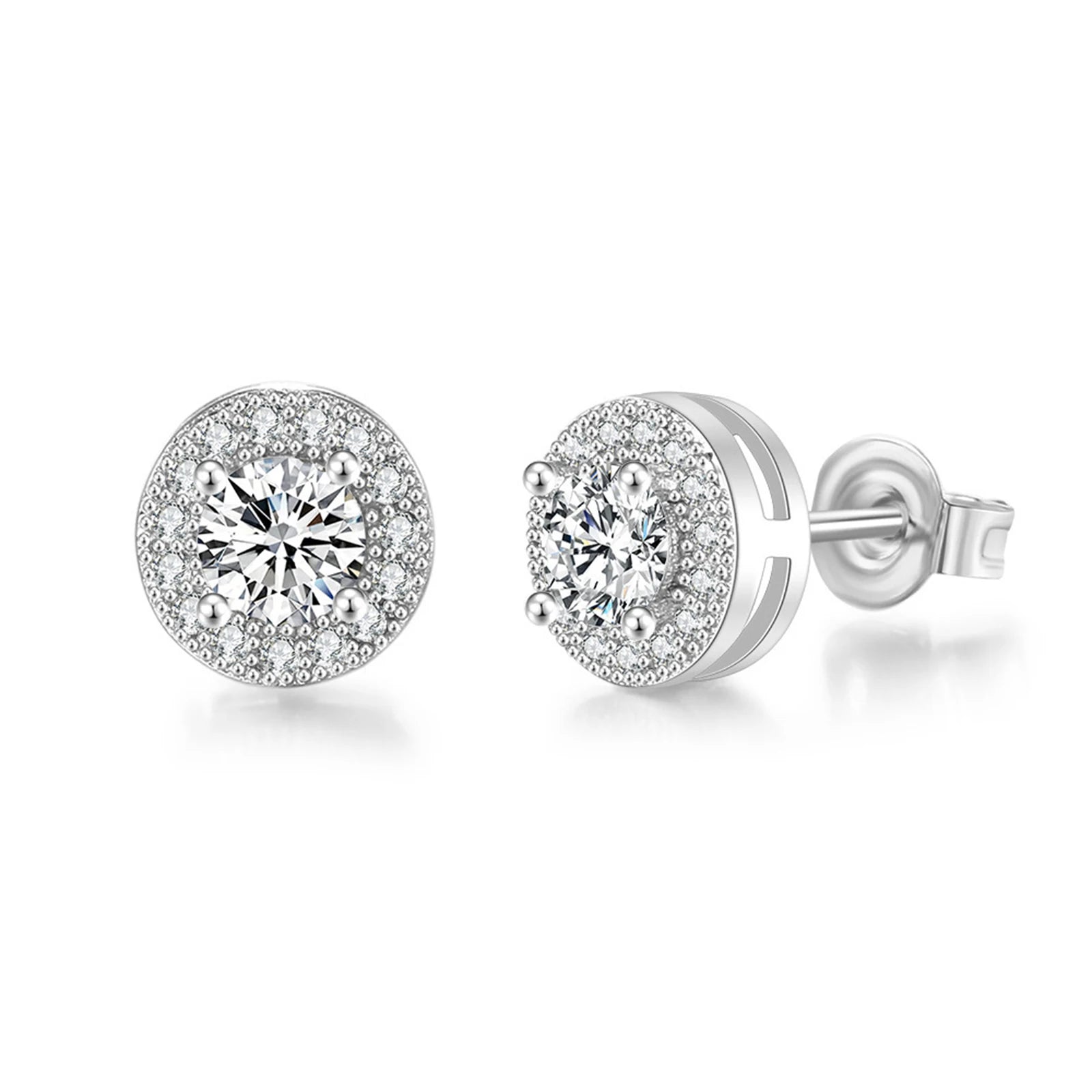 Pair of silver stud earrings with clear gemstones on a white background