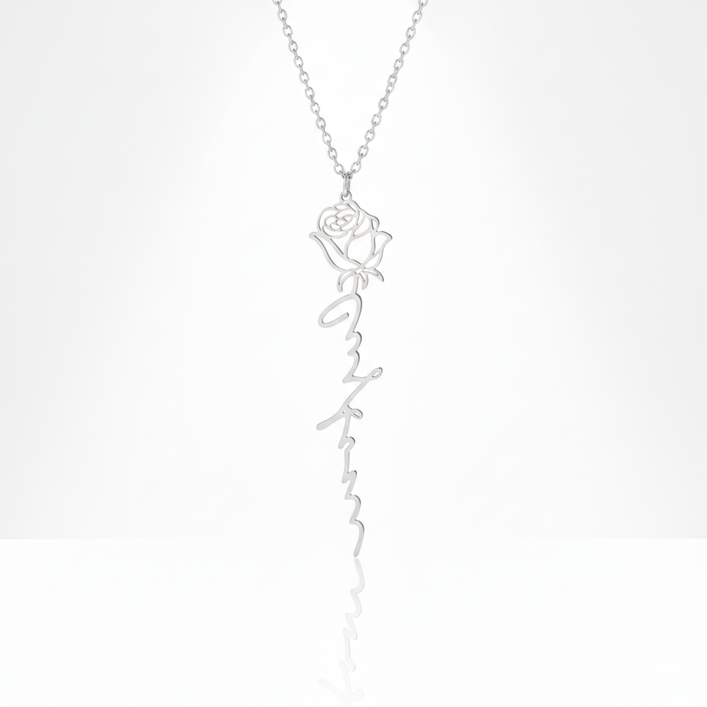 Silver necklace with a rose pendant on a white background