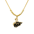 Gold necklace with a black and gold peacock feather pendant on a white background