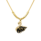 Gold necklace with a black and gold peacock feather pendant on a white background