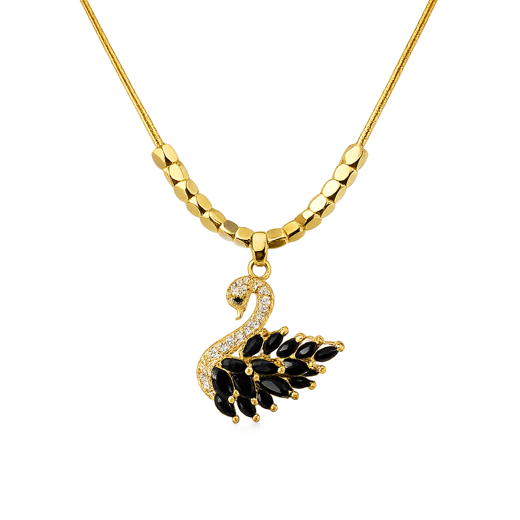 Gold necklace with a black and gold peacock feather pendant on a white background