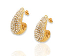 Gold hoop earrings with crystal embellishments on a white background